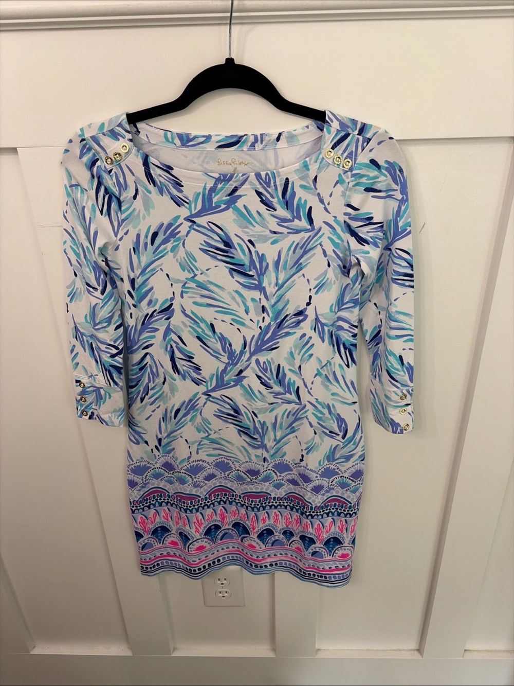 Lilly Pulitzer Sophie Dress Blue & White Leaf Print Boatneck